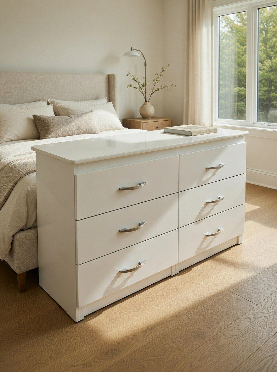 Classic White 6-Drawer Bedroom Dresser with Curved Silver Handles