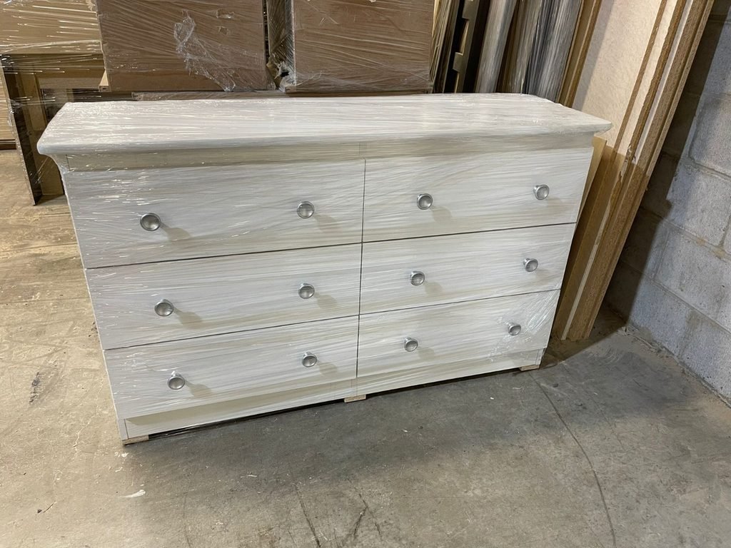 Elegant White 6-Drawer Dresser with Metallic Silver Knobs