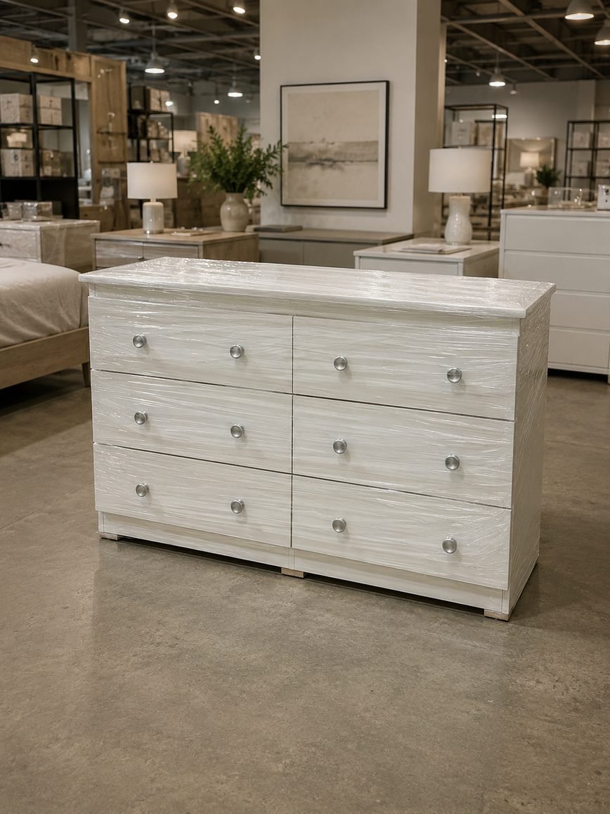  Elegant White 6-Drawer Dresser with Metallic Silver Knobs thumbnail 2