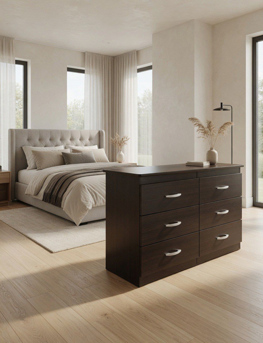 Modern Dark Espresso Black 6-Drawer Bedroom Dresser with Silver Curved Handles thumbnail 2
