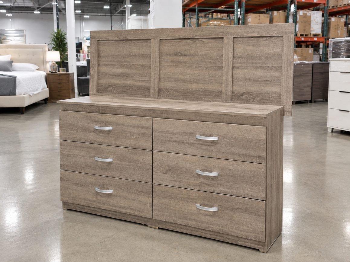 Modern Oak 6-Drawer Bedroom Dresser with Back Panel & Curved Silver Handles