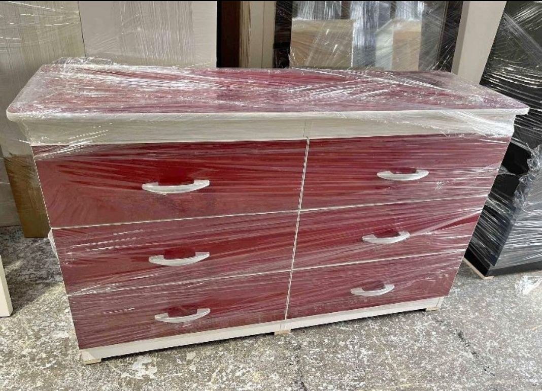  Modern Red & White 6-Drawer Dresser with Silver Handles thumbnail 3
