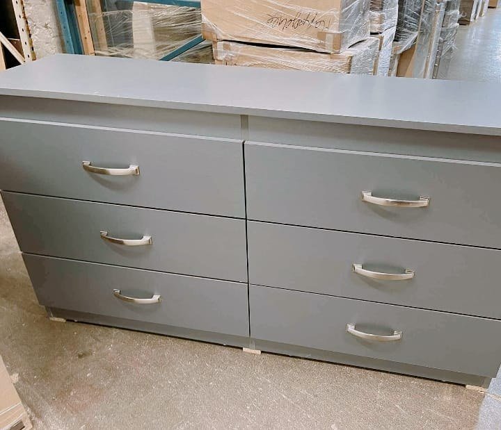 Modern Slate Grey 6-Drawer Bedroom Dresser with Curved Silver Handles
