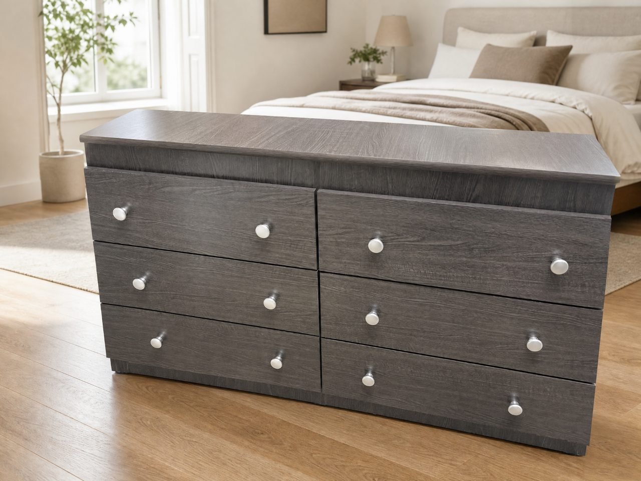 Modern Slate Grey 6-Drawer Bedroom Dresser with Round Silver Knobs