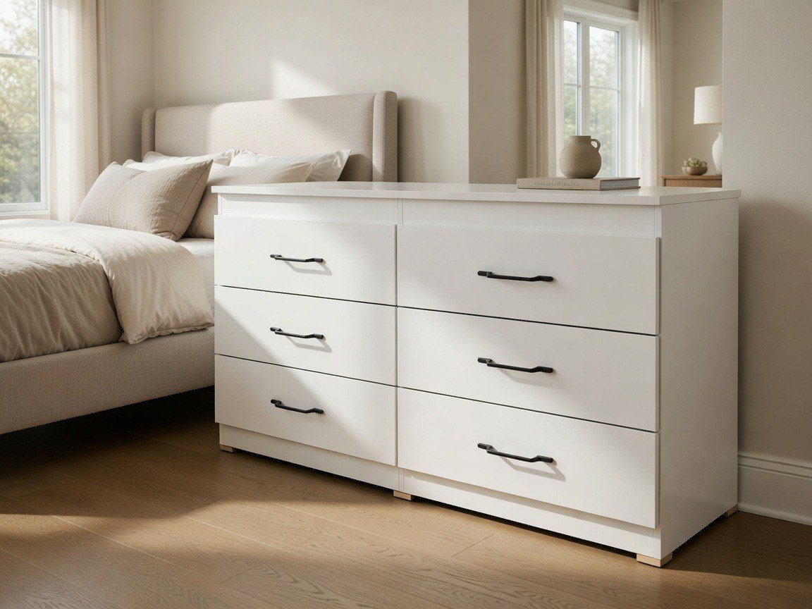  Modern White 6-Drawer Bedroom Dresser with Black Handles thumbnail 2