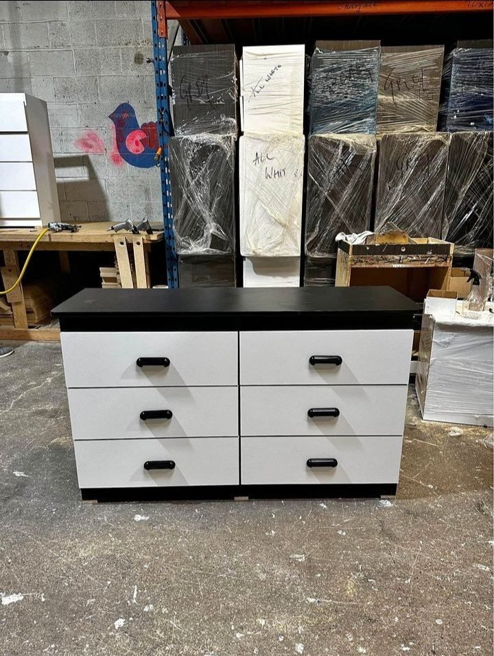 Modern White & Black 6-Drawer Dresser with Black Handles