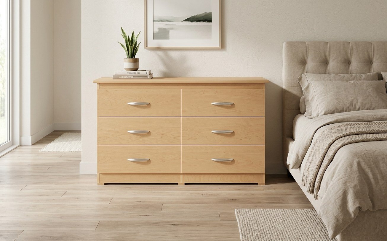 Natural Light Oak 6-Drawer Dresser with Curved Silver Handles thumbnail 2