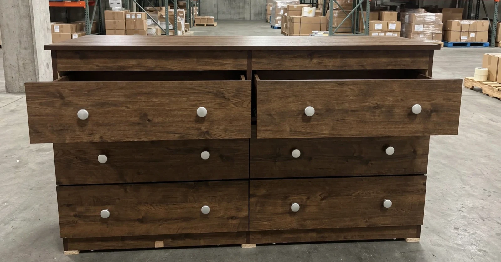 Rustic Walnut 6-Drawer Bedroom Dresser with Silver Knobs