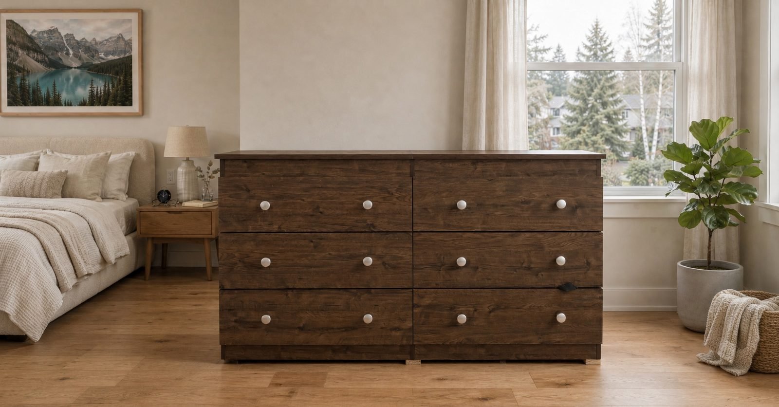 Rustic Walnut 6-Drawer Bedroom Dresser with Silver Knobs thumbnail 3