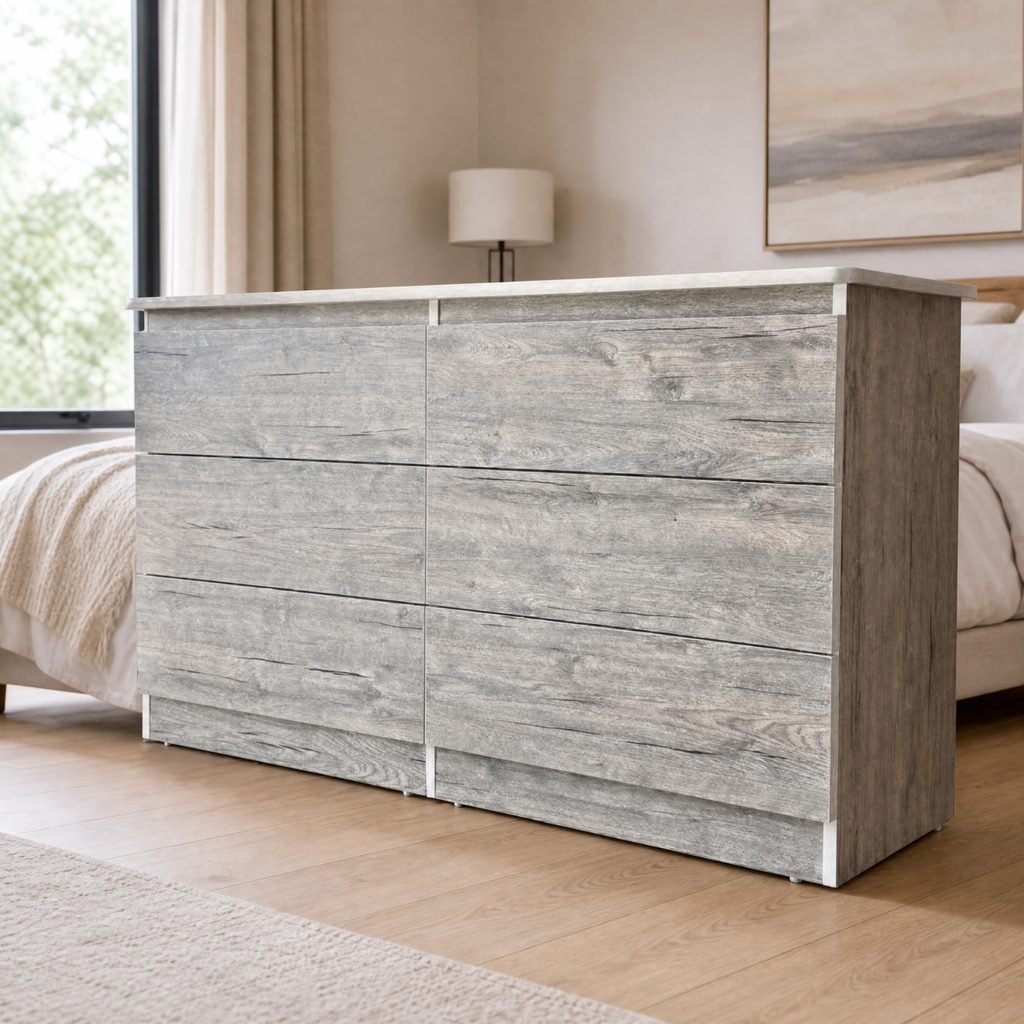 Rustic Weathered Grey 6-Drawer Dresser – Handleless Modern Design